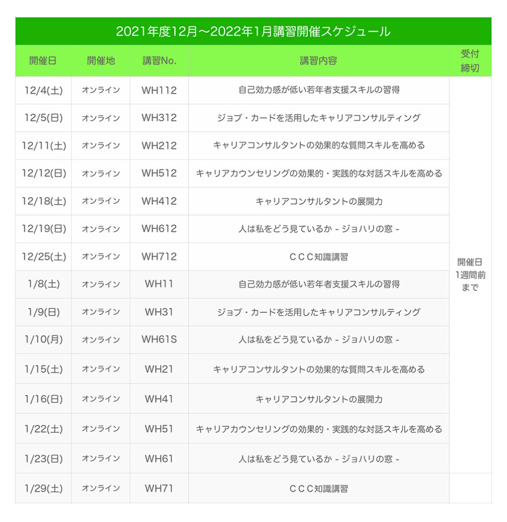 キャリアコンサルタント更新講習のスケジュール2021年12月〜2022年1月